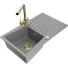 Mexen Cesar žulový drez 1-komorový s odkvapkávačom a kuchynskou batériou Duero, sivý - 6514-71-671600-50