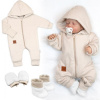 Baby Nellys Bavlnený oteplený overálok s kapucňou, rukavičky, topánky, 3D sada Nature - sv. béžový, 68, 68 (3-6m)