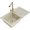 Mexen Pablo jednokomorový žulový drez s odkvapkávačom a kuchynskou batériou Duero, béžový - 6510-69-671600-50