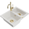 Mexen Carlos, granitový drez 582x475x177 mm, 1,5-komorový a drezová batéria Carla, biela, 6518-20-670700-50