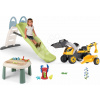 Set šmykľavka s dvojitou vlnou a stôl na vodu a piesok Toboggan Life Smoby dĺžka šmyku 200 cm s vodotryskom a traktor s nakladačom a bagrom