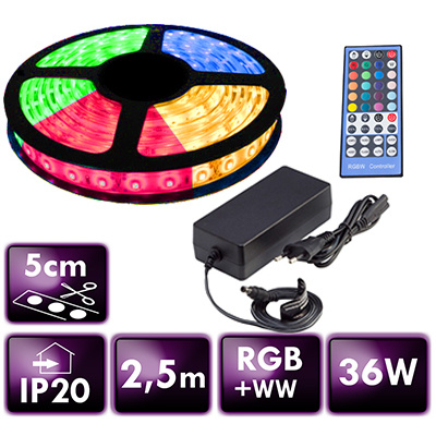 BERGE LED pásek - RGB+WW - SMD 5050 - 2,5m - 60LED/m - 14,4W/m - 1400L - IP20 - SADA