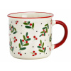 Porcelánový hrnček s vianočným motívom – bielo-červený s vetvičkami a bobuľkami, 355 ml