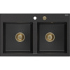 Mexen Hektor granitový drez 2-komorový 800 x 480 mm, čierny/strieborný metalík, sifón zlatý - 6521802000-73-G