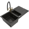 Mexen Matias granitový drez 1,5-komorový s odkvapkávacou doskou a kuchynskou batériou Duo, čierny/zlatý metalický