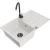 Mexen Bruno, 1-komorový granitový drez s odkvapkávačom 795x495x200 mm a čierna kuchynská batéria Telma, biela, 6513-20-670200-70