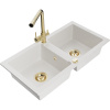 Mexen Mario, 2-komorový granitový drez 820x436x161 mm a zlatá lesklá drezová batéria Duero, biela, 6504-20-671600-50