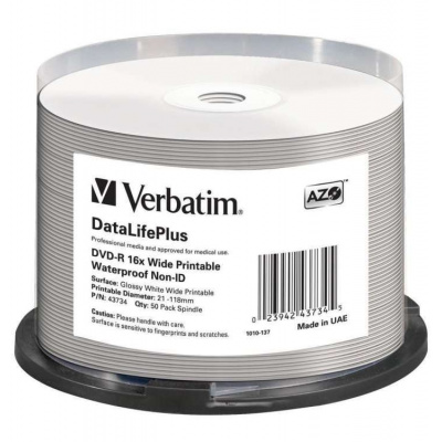 VERBATIM DVD-R 4,7GB/ 16x/ WIDE GLOSSY WATERPROOF/ printable NoID/ 50pack/ spindle (43734)