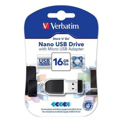 Verbatim USB flash disk, 2.0, 16GB, Nano Store ,N, Stay, OTG adaptér (micro USB), čierny, 49821