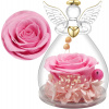 Yamonic Sklenený anjel s ružovou večnou ružou – romantický darček pre ženu z lásky