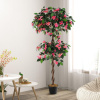 GIANTEX Umelá rastlina, umelý strom s kvetmi, dekoratívna rastlina v kvetináči, izbová rastlina s 630 listami a 252 ružovými kvetmi a stonkou, zelená rastlina 150 cm na vchod