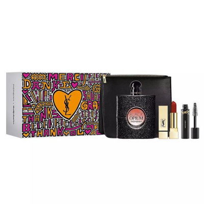 Yves Saint Laurent Black Opium SET: Parfumovaná voda 90ml + Rouge Pur Couture Rúž 1,3g + Maskara 2ml + Kozmetická taška pre ženy
