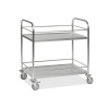 Nerezový policový vozík KM, 2 police s ohrádkou, nosnosť 100 kg, 910x590 mm, 4 kolieska z PU, brzda