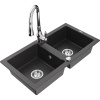 Mexen Mario žulový kuchynský drez 2-komorový s kuchynskou batériou Savita, čierny s fľakmi - 6504-76-672601-00