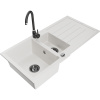 Mexen Andres, granitový drez 1000x500x200 mm, 1,5-komorový, biela s čiernym sifónom a čierna drezová batéria Telma, 6515-20-670200-70