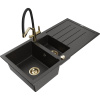 Mexen Andres granitový kuchynský drez 1,5-komorový s odkvapkávačom a kuchynskou batériou Duo, čierny/zlatý metalik