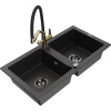 Mexen Mario granitový drez dvojkomorový s kuchynskou batériou Duo, čierny/strieborný metalik - 6504-73-671701-57-B