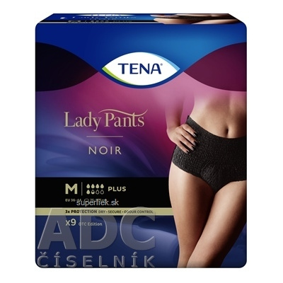 TENA Lady Pants Plus Noir M čierne dámske naťahovacie inkontinenčné nohavičky 1x9 ks, 7322541130637
