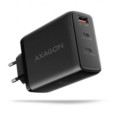AXAGO AXAGON ACU-DPQ100, GaN nabíječka do sítě 100W, 3x port (USB-A + dual USB-C), PD3.0/PPS/QC4+/Apple PR1-ACU-DPQ100