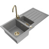 Mexen Andres žulový kuchynský drez 1,5-komorový s odkvapkávačom a kuchynskou batériou Telma, sivý - 6515-71-670200-50