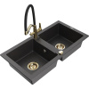 Mexen Mario dvojkomorový granitový drez s kuchynskou batériou Duo, čierny škvrnitý - 6504-76-671701-57-G