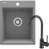 Deante Corio, granitový 1-komorový drez 500x400x211mm + čierna drezová batéria, šedá metalíza, DEA-ZRCBS103