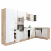 Yorki 370 rohová kuchynská linka s korpusom z duba sonoma, s bielym predným panelom s hodvábnym leskom a policovou skrinkou
