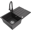 Mexen Bruno granitový drez 1-komorový s odkvapkávačom a kuchynskou batériou Elia, čierny bodkovaný - 6513-76-670101-76