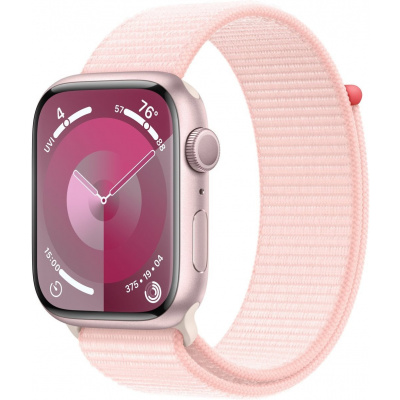 Apple Watch Series 9, 45 mm, Ružový hliník, svetlo ružový prevliekací športový remienok MR9J3QC/A