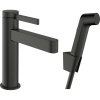 HANSGROHE Finoris páková umývadlová batéria s bidetovou sprškou a sprchovou hadicou 160 cm, s odtokovou súpravou Push-Open, výška výtoku 113 mm, kartáčovaný čierny chróm, 76210340