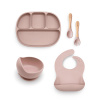 Malý Ježko Silikónový jedálenský set pre deti 5-dielny KLASIKA - Powder Pink Vyberte si príbor: Drevený príbor Klasický, Vyberte si misku: MODERN