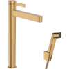 HANSGROHE Finoris páková batéria pre umývadlové misy, s bidetovou sprškou a sprchovou hadicou 160 cm, s odtokovou súpravou Push-Open, výška výtoku 264 mm, kartáčovaný bronz, 76220140