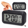 Elektronické hodiny budík na batérie LED čierny teplomer kalendár alarm