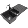 Mexen Andres žulový drez 1,5-komorový s odkvapkávačom a kuchynskou batériou Carla, čierny škvrnitý - 6515-76-670700-70