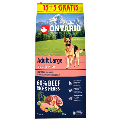 Ontario granuly Adult Large hovädzie mäso a ryža 15+5 kg zadarmo