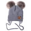 BABY NELLYS Zimná čiapka s fleecom Teddy Bear - chlupáčk. bambuľky - tm. šedá, šedá - 56-68 (0-6 m)