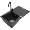 Mexen Cesar, 1-komorový granitový drez s odkvapkávačom 78x47 cm a kuchynskou batériou Telma, čierna-strieborná, 6514-73-670200-70