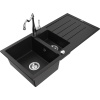 Mexen Andres kamenný kuchynský drez 1,5-miskový s odkvapkávačom a kuchynskou batériou Carla, čierny - 6515-77-670700-00