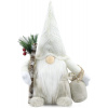 Gehydy Vianočný škriatok s bradou a bielou čiapkou – zimná dekorácia s halúzkou a vrecúškom 31 cm