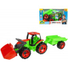LENA GIGA TRUCKS Traktor s nákládací lžící funkční set s přívěsem na písek