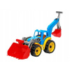 Teddies Traktor / nakladač / bager sa 2 lyžicami plast na voľný chod 2 farby v sieťke 16x35x16cm
