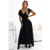 562-3 NASTIA Long dress with neckline and short sleeves - BLACK čierna One size numoco basic 5903938284724