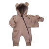 Oteplený detský overal bez šľapiek s kapucní + čiapočka, 2D, kakao, vel. 62