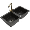 Mexen Mario, 2-komorový granitový drez 820x436x161 mm a zlatá drezová batéria Duero, čierna-zlatá metalíza, 6504-75-671600-50-B