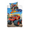 Carbotex Obliečky do postieľky Plamienok a Štvorkoláci pripravení na preteky autá a dinosaury modrá 100 x 135 cm