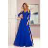 AMBER - Elegantné dlhé krajkové dámske šaty v Chrpová farbe s dekoltom 309-2 M