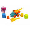 Súprava na piesok 6ks plast auto na voľný chod s doplnkami 2 farby v sieťke 16x13x21cm 12m Teddies