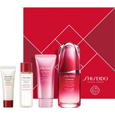Shiseido Ultimune energizujúci a ochranný koncentrát na tvár 50 ml + aktívna čistiaca pena 15 ml + čistiaca pleťová voda 30 ml + krém na ruky 40 ml