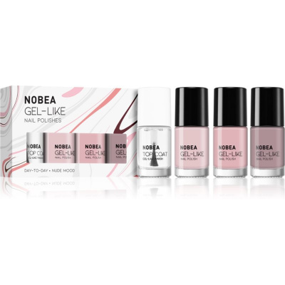 NOBEA Day-to-Day Top Coat vrchný ochranný lak na nechty s leskom 6 ml + Mademoiselle nude #N48 lak na nechty s gélovým efektom 6 ml + Misty rose #N59 lak na nechty s gélovým efektom 6 ml + Silky nude