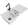 Mexen Andres granitový drez 1,5-komorový s odkvapkávačom a kuchynskou batériou Duero, biely - 6515-20-671600-70